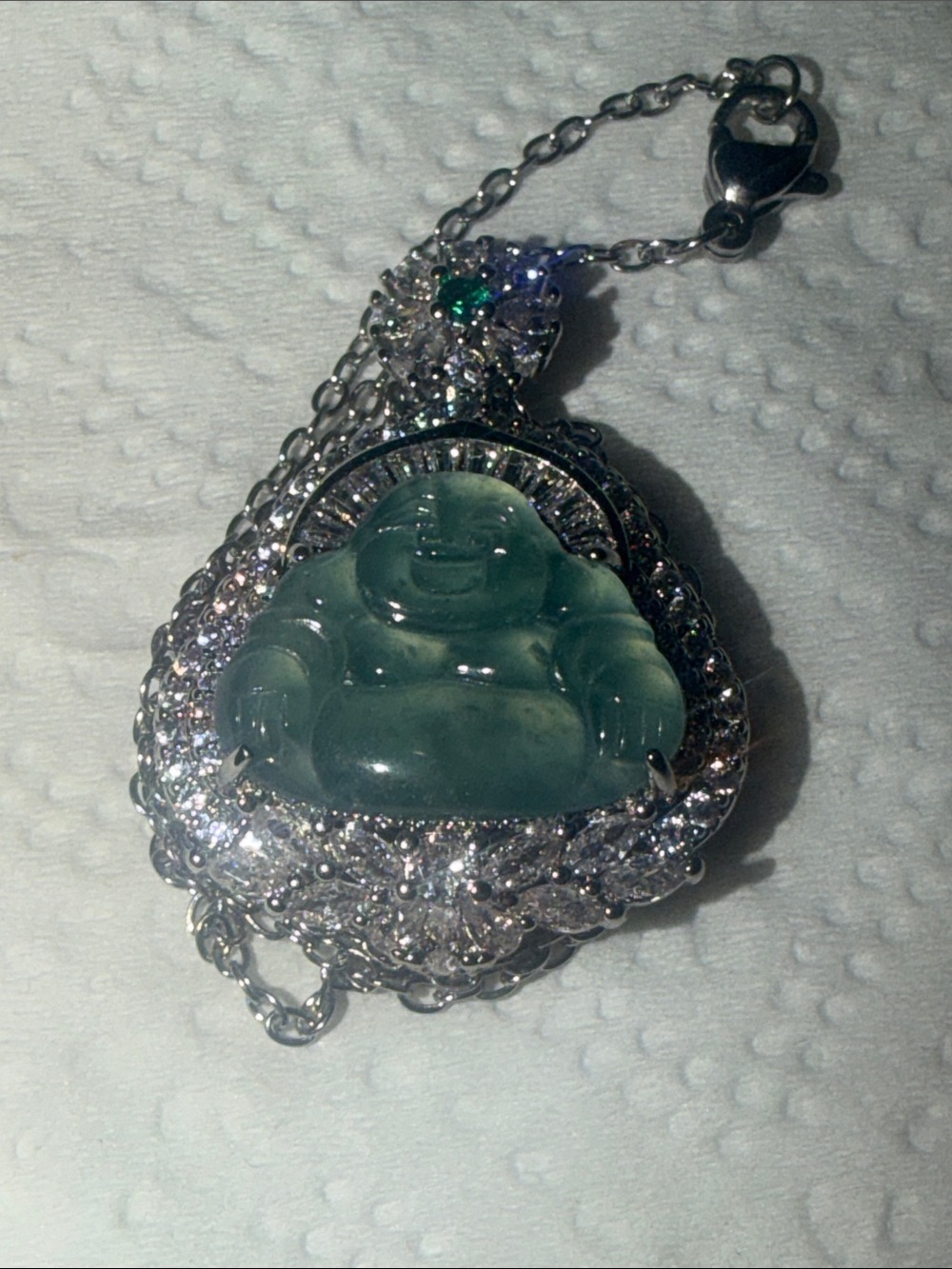 Lucky Jade Green Jade Buddha Pendant Necklace with Clear Crystals